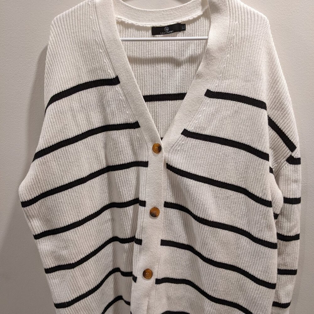 Lillusory Women's Ribbed Cardigan Sweater Off White w/Black Strip XL